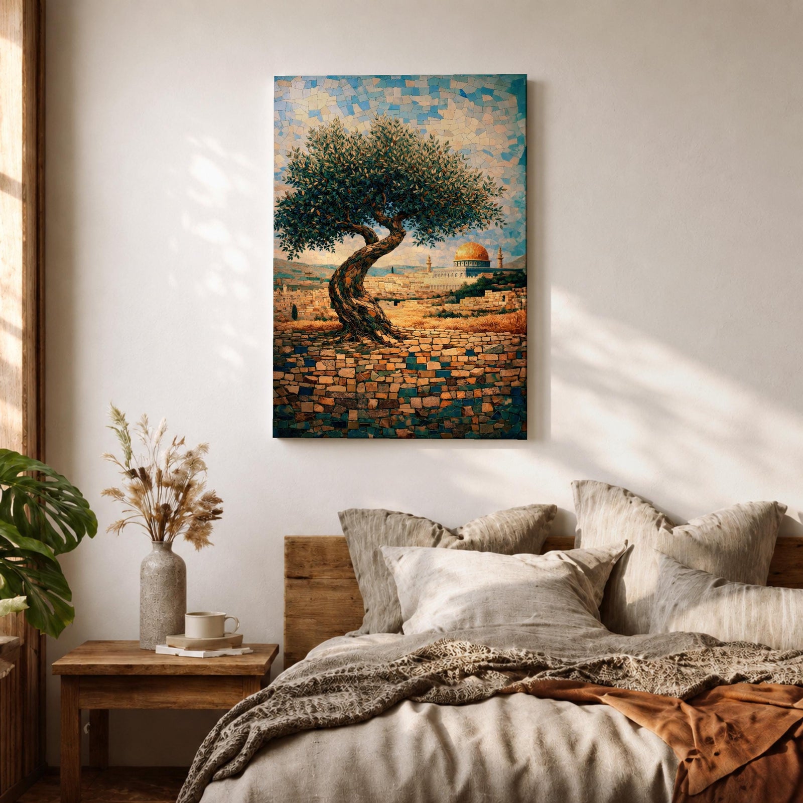 Mosaic-style artwork of an olive tree overlooking Jerusalem with the golden Dome of the Rock visible in the distance, rendered in small tile-like shapes with warm stone walls and blue sky.