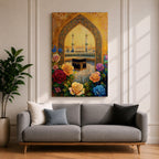 Artwork of the Kaaba at Masjid Al Haram in Mecca framed through a decorative Islamic archway surrounded by colorful roses and flowers with mosque minarets rising behind the sacred shrine.