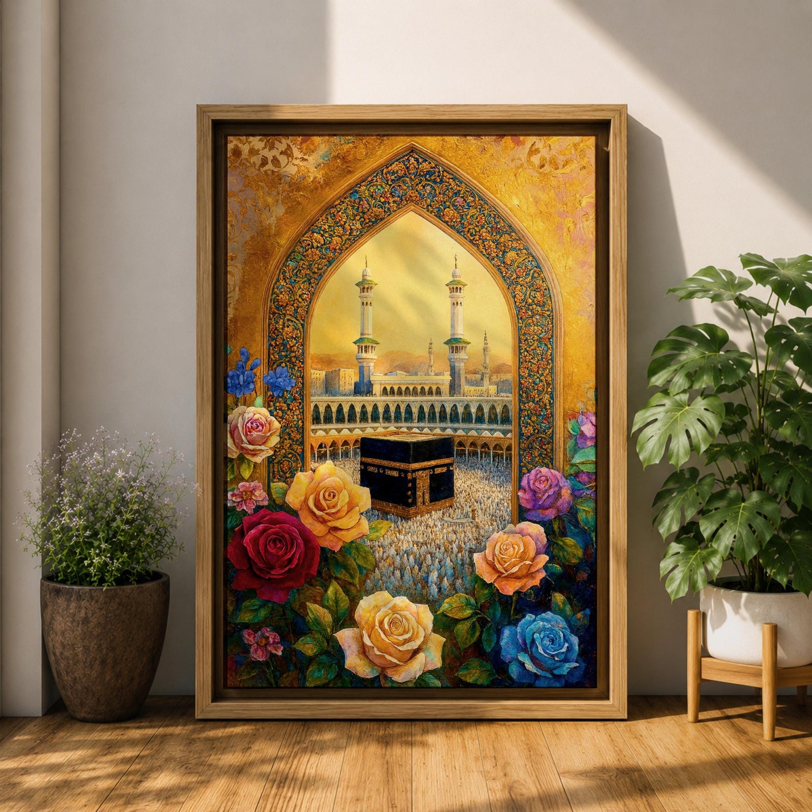 Artwork of the Kaaba at Masjid Al Haram in Mecca framed through a decorative Islamic archway surrounded by colorful roses and flowers with mosque minarets rising behind the sacred shrine.
