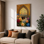 Artwork of the Kaaba at Masjid Al Haram in Mecca framed through a decorative Islamic archway surrounded by colorful roses and flowers with mosque minarets rising behind the sacred shrine.