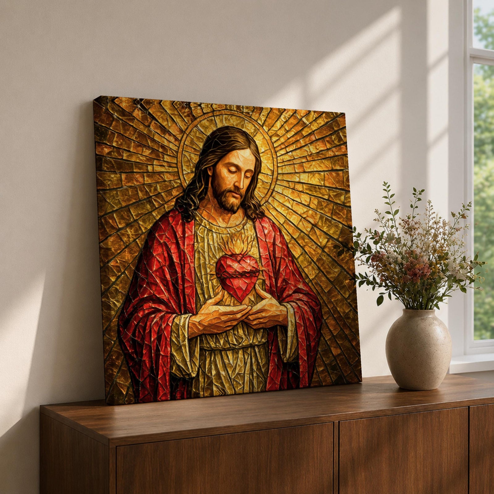Jesus Christ Wall Art Sacred Heart Framed Canvas Christian Prayer Stained Glass Home Decor