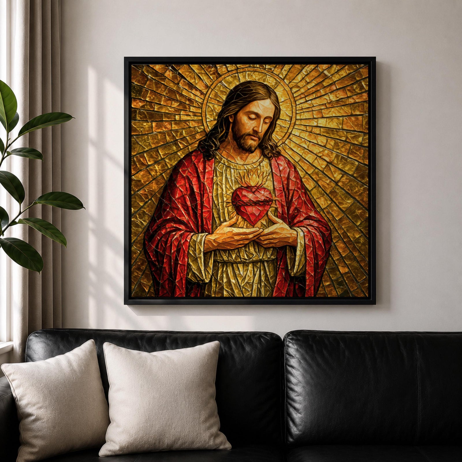 Jesus Christ Wall Art Sacred Heart Framed Canvas Christian Prayer Stained Glass Home Decor