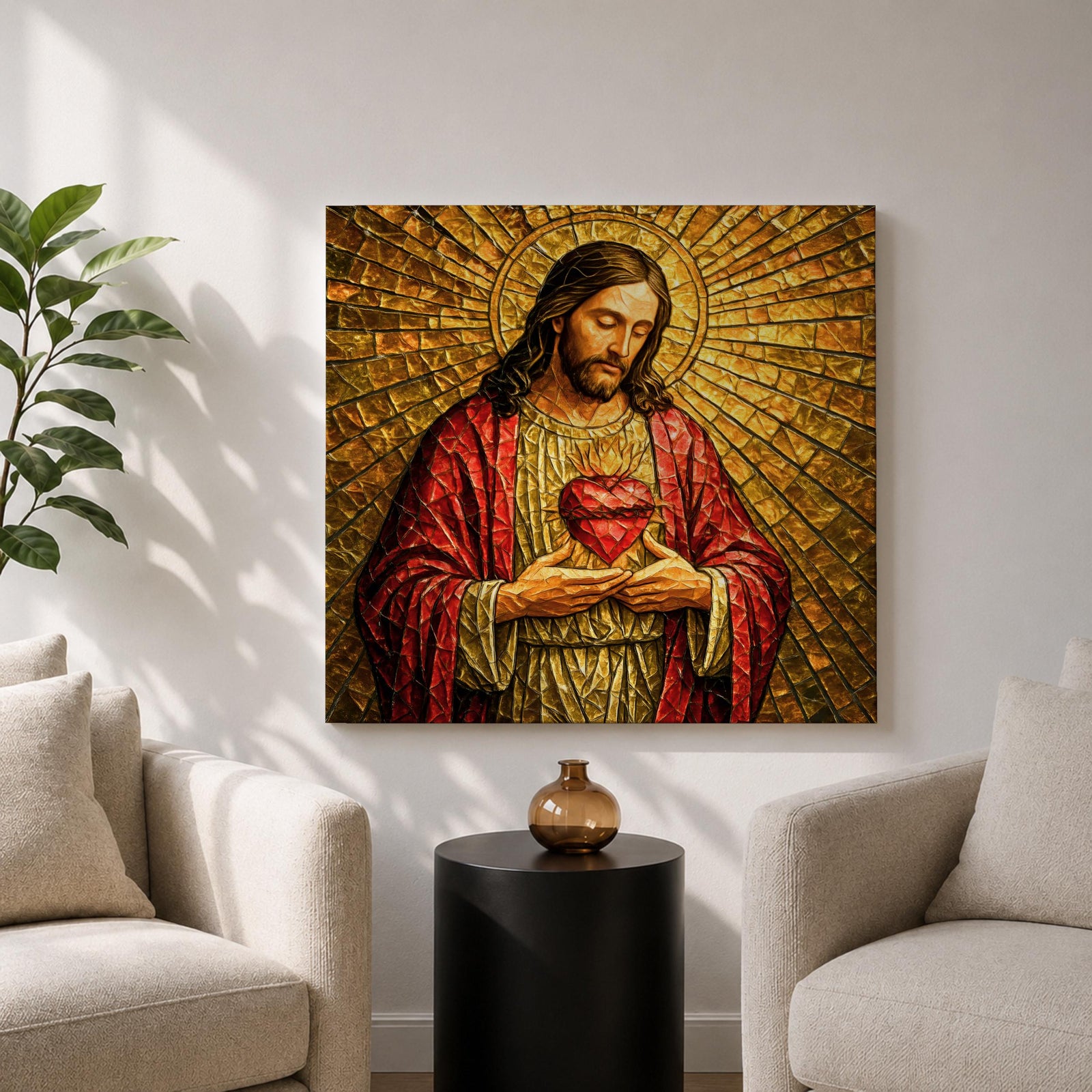 Jesus Christ Wall Art Sacred Heart Framed Canvas Christian Prayer Stained Glass Home Decor