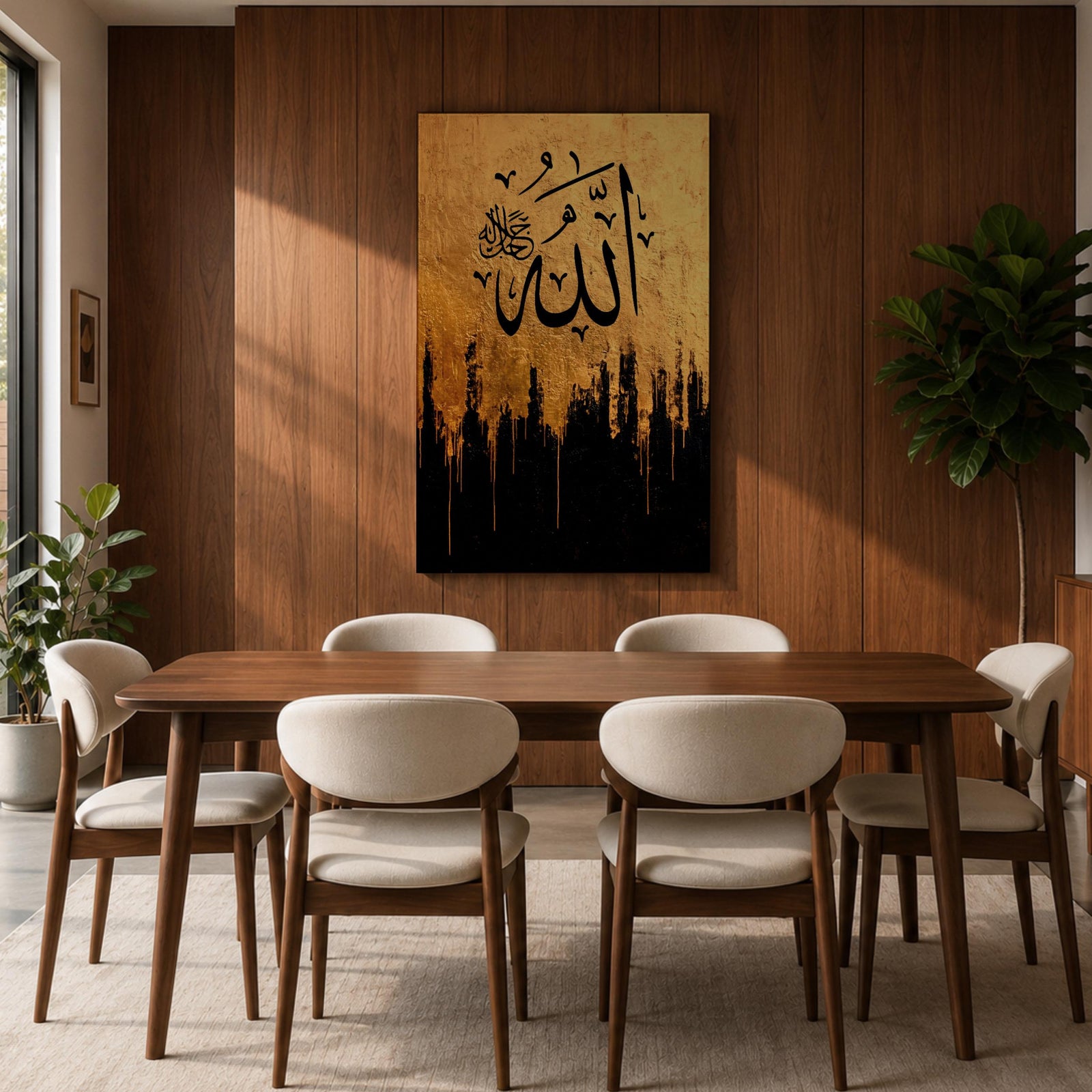 Arabic calligraphy artwork featuring the word Allah in bold black script over a textured gold background with abstract black paint drips and modern expressive brush textures.