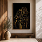 Elegant gold line illustration of the Holy Family showing Mary, Joseph, and baby Jesus embraced together, drawn in glowing gold lines on a deep black background creating a minimalist Catholic devotional artwork.