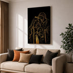 Elegant gold line illustration of the Holy Family showing Mary, Joseph, and baby Jesus embraced together, drawn in glowing gold lines on a deep black background creating a minimalist Catholic devotional artwork.