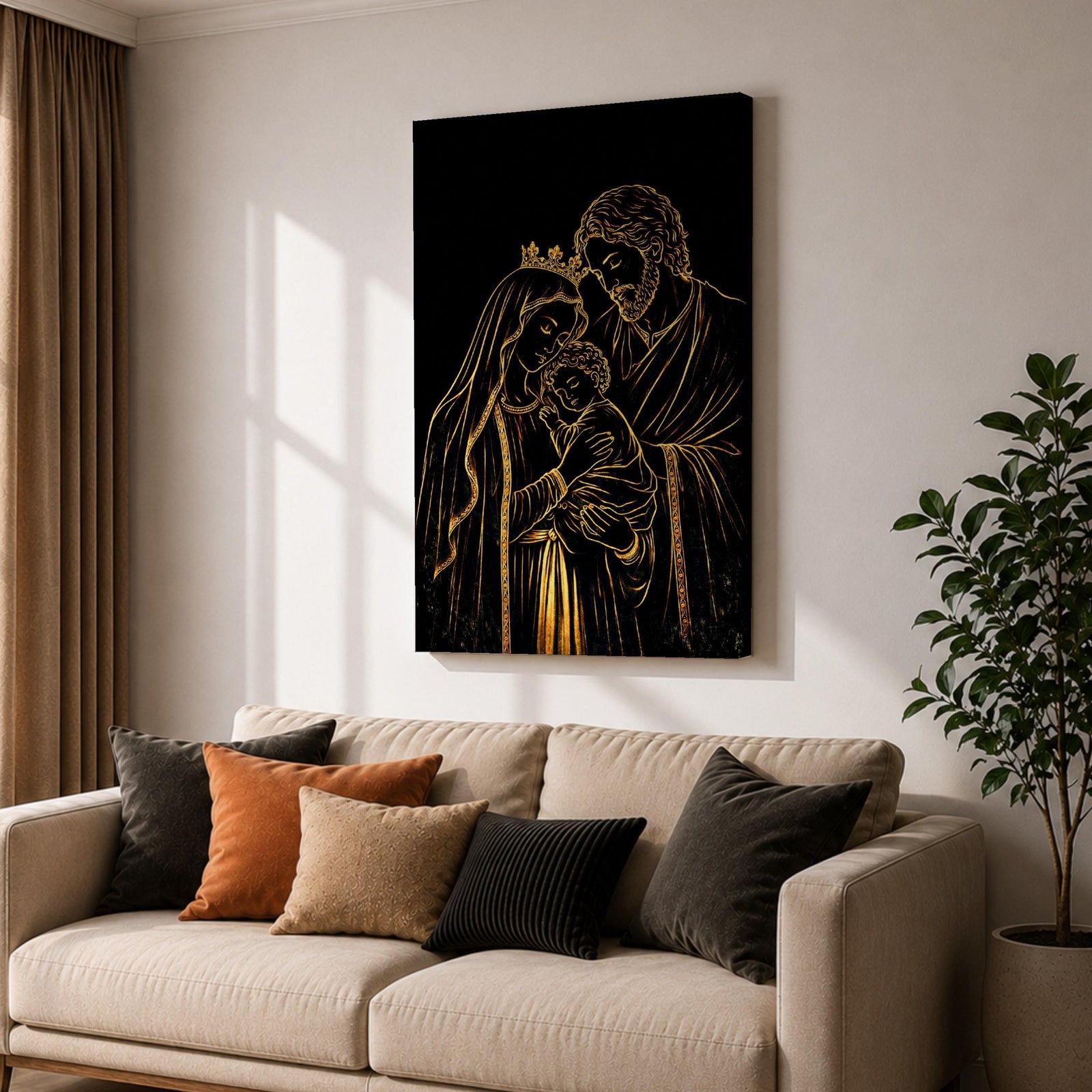 Elegant gold line illustration of the Holy Family showing Mary, Joseph, and baby Jesus embraced together, drawn in glowing gold lines on a deep black background creating a minimalist Catholic devotional artwork.