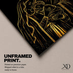 Elegant gold line illustration of the Holy Family showing Mary, Joseph, and baby Jesus embraced together, drawn in glowing gold lines on a deep black background creating a minimalist Catholic devotional artwork.