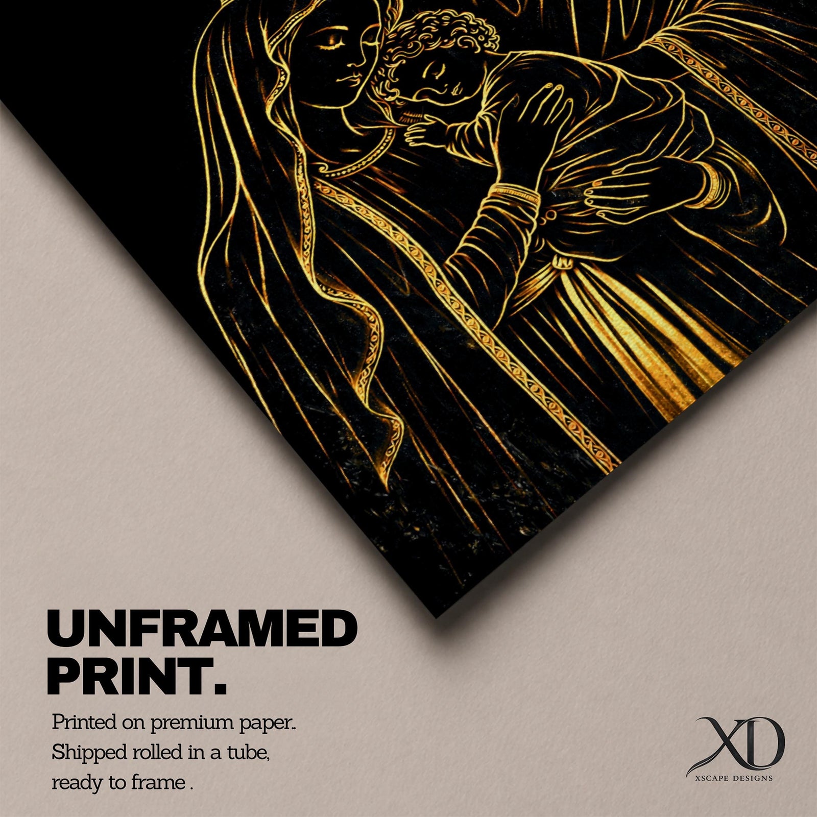 Elegant gold line illustration of the Holy Family showing Mary, Joseph, and baby Jesus embraced together, drawn in glowing gold lines on a deep black background creating a minimalist Catholic devotional artwork.