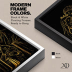 Elegant gold line illustration of the Holy Family showing Mary, Joseph, and baby Jesus embraced together, drawn in glowing gold lines on a deep black background creating a minimalist Catholic devotional artwork.