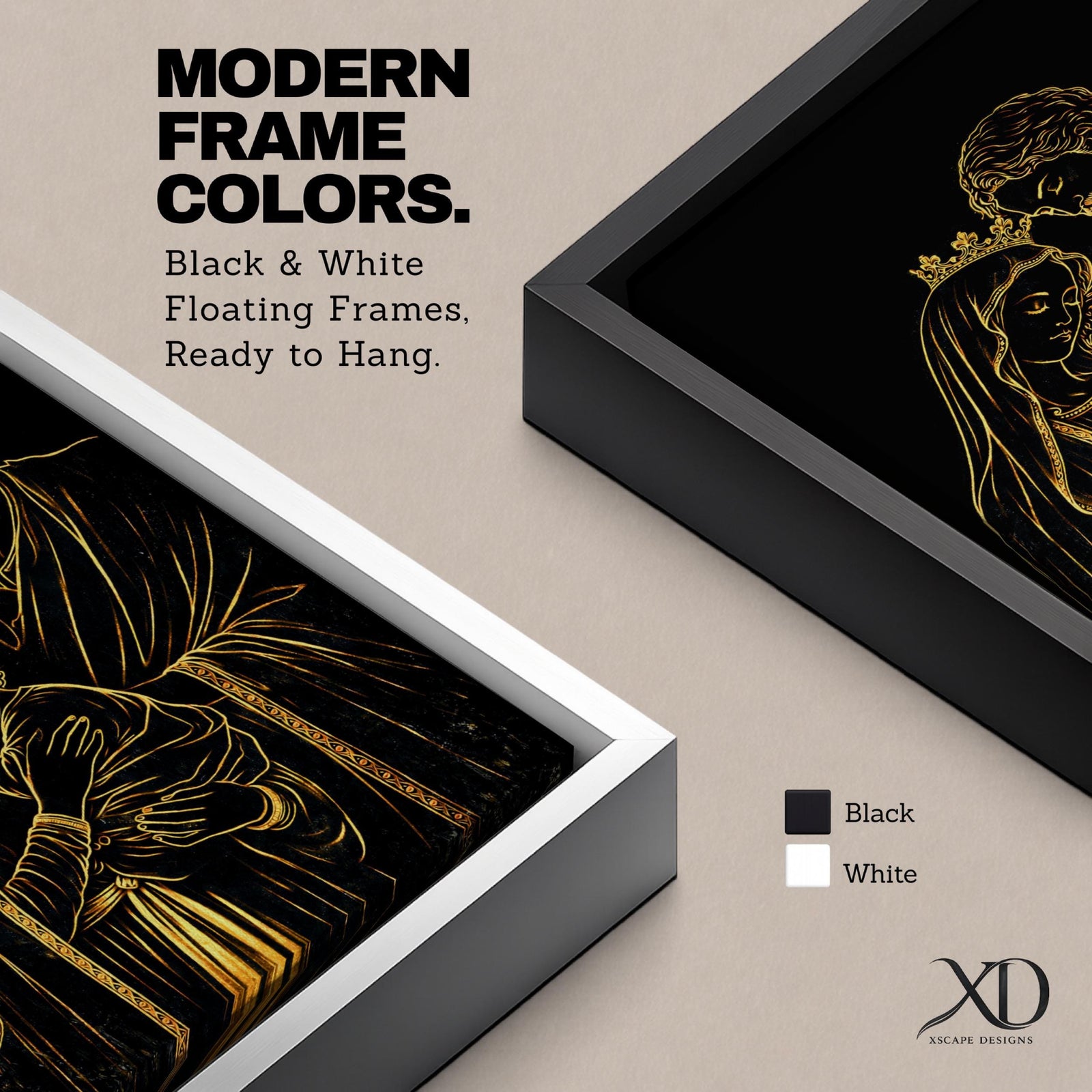 Elegant gold line illustration of the Holy Family showing Mary, Joseph, and baby Jesus embraced together, drawn in glowing gold lines on a deep black background creating a minimalist Catholic devotional artwork.