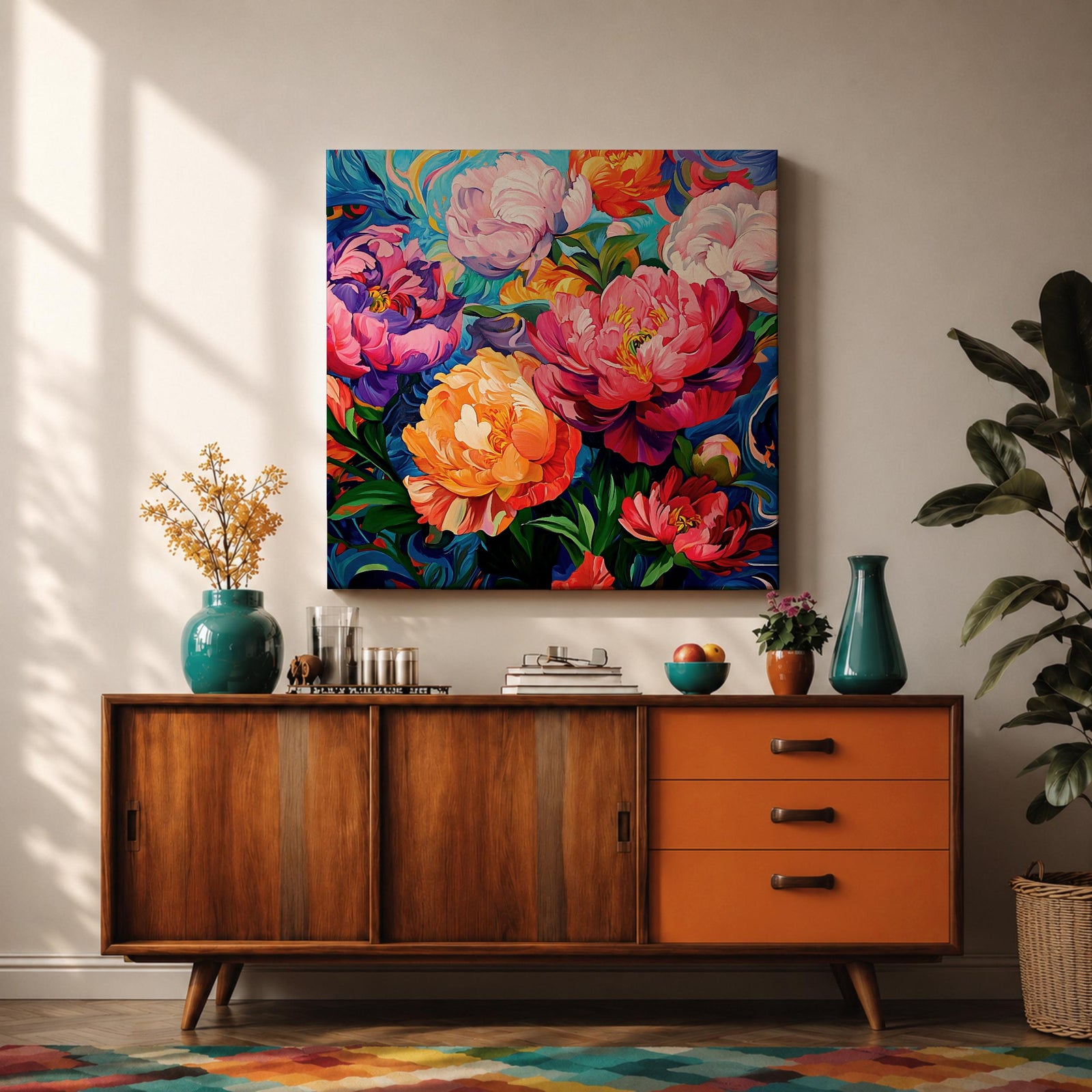 Peony Wall Art Colorful Garden Flowers Framed Canvas Botanical Boho Home Decor