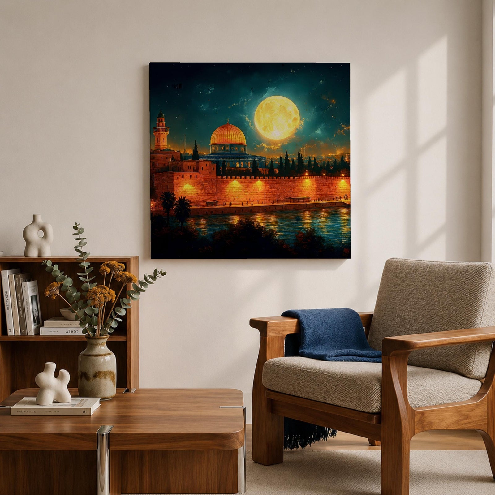 Dome of the Rock Wall Art Moon Night Framed Canvas Jerusalem Islamic Mosque Decor