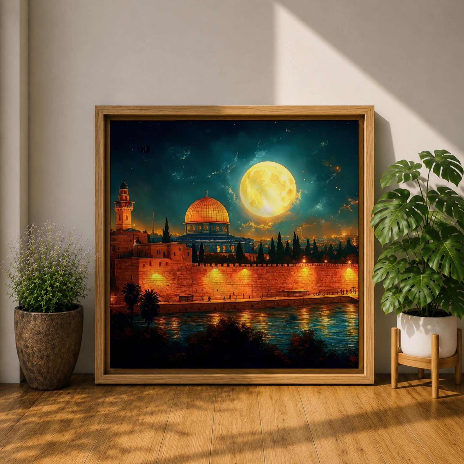 Dome of the Rock Wall Art Moon Night Framed Canvas Jerusalem Islamic Mosque Decor