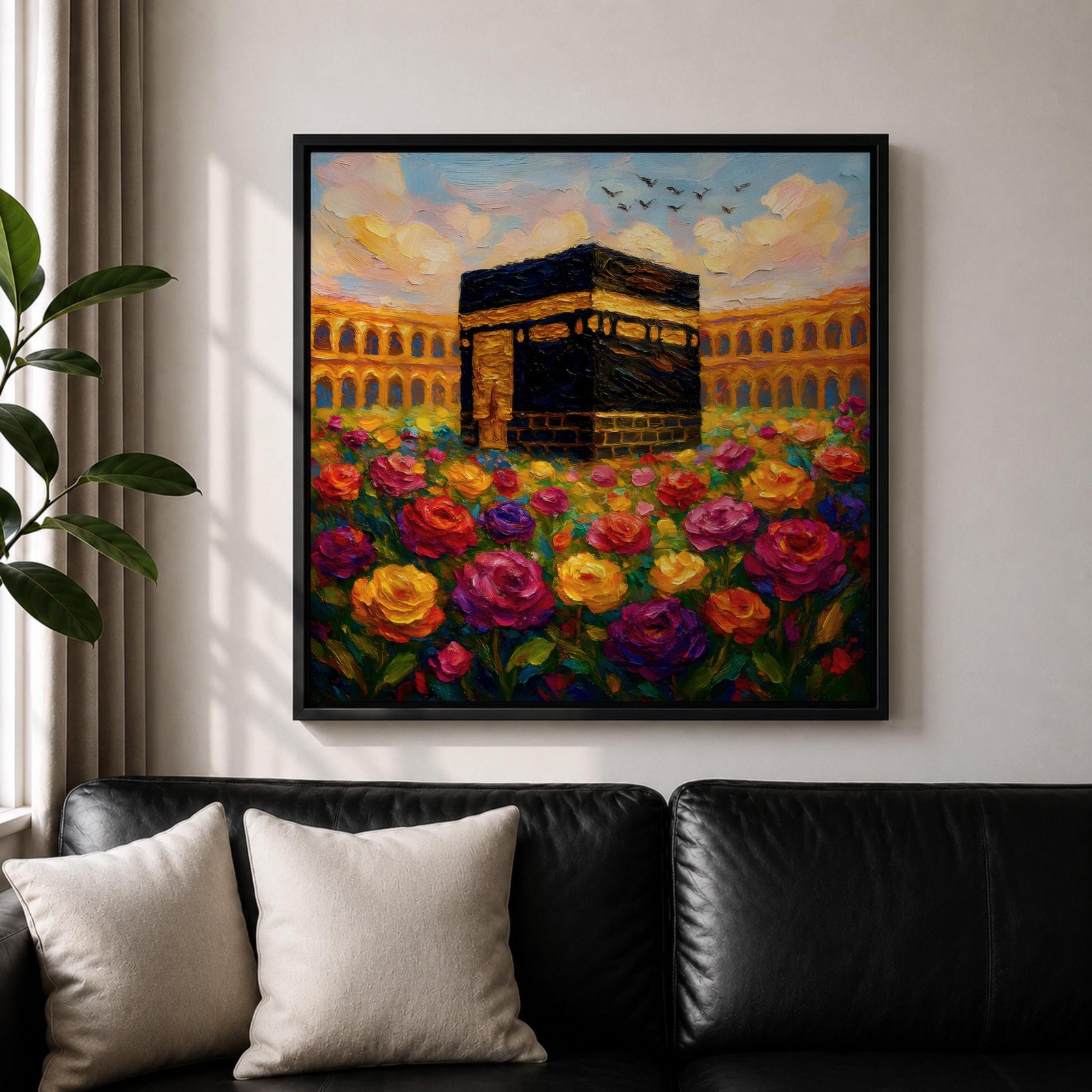 Kaaba Wall Art Floral Garden Framed Canvas Masjid al Haram Mecca Islamic Decor