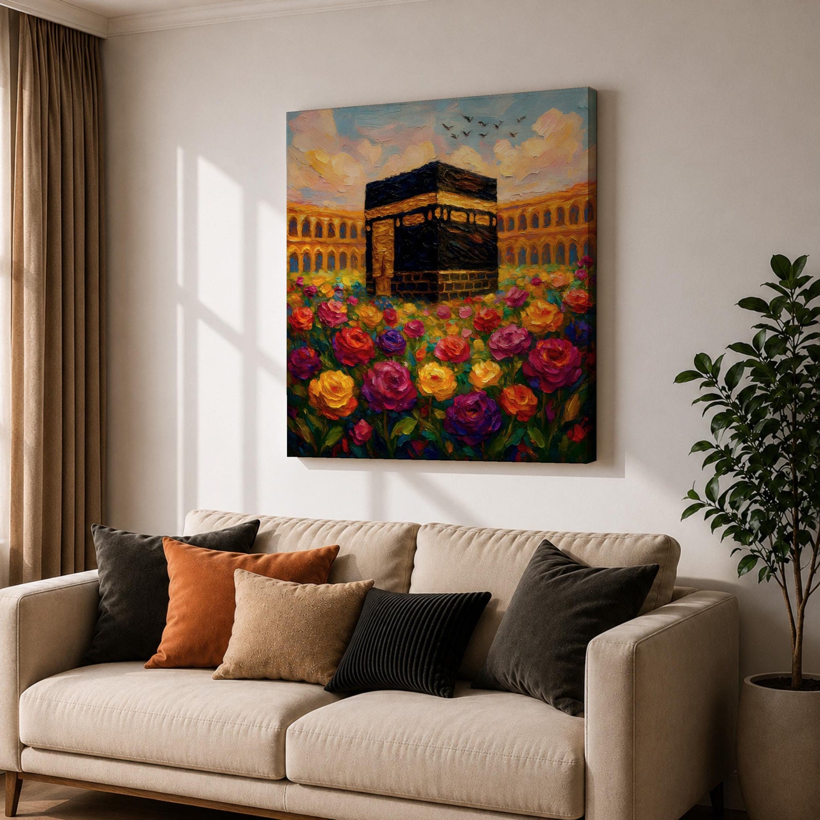 Kaaba Wall Art Floral Garden Framed Canvas Masjid al Haram Mecca Islamic Decor