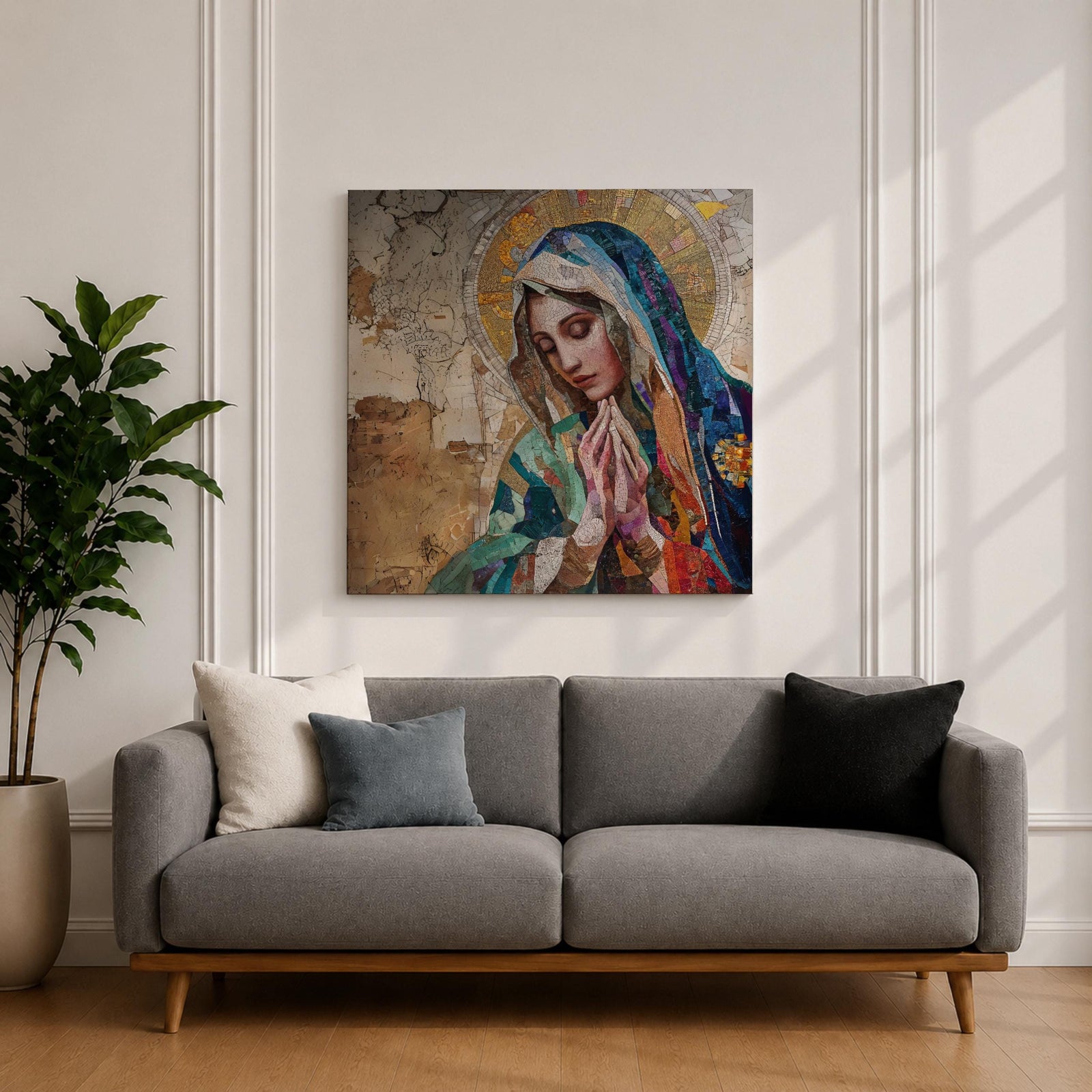 Virgin Mary Wall Art Blessed Mother Framed Canvas Catholic Prayer Mosaic Christian Home Decor