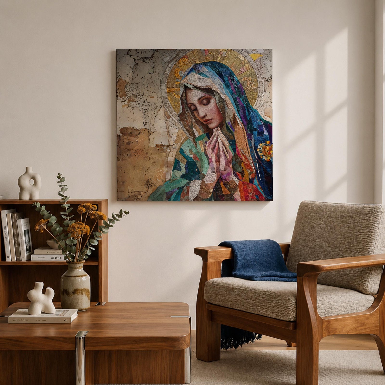 Virgin Mary Wall Art Blessed Mother Framed Canvas Catholic Prayer Mosaic Christian Home Decor