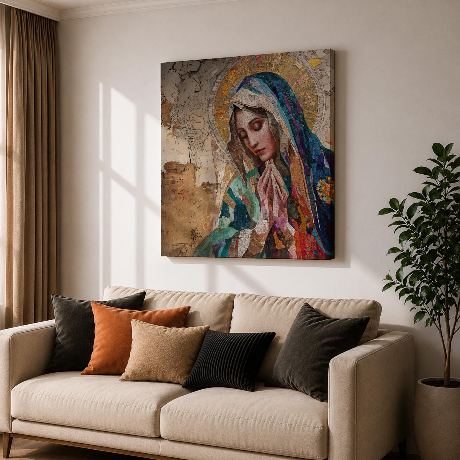Virgin Mary Wall Art Blessed Mother Framed Canvas Catholic Prayer Mosaic Christian Home Decor