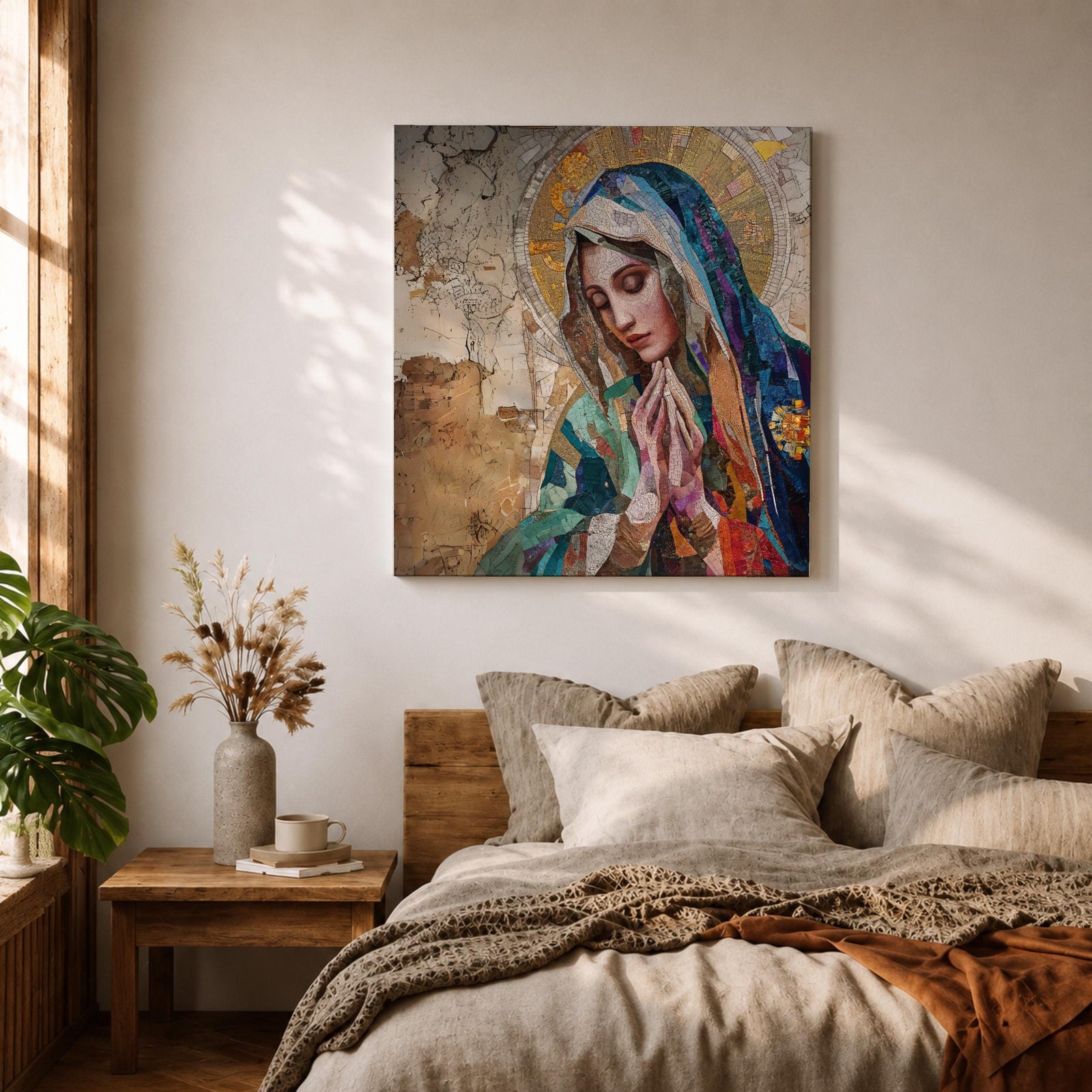 Virgin Mary Wall Art Blessed Mother Framed Canvas Catholic Prayer Mosaic Christian Home Decor