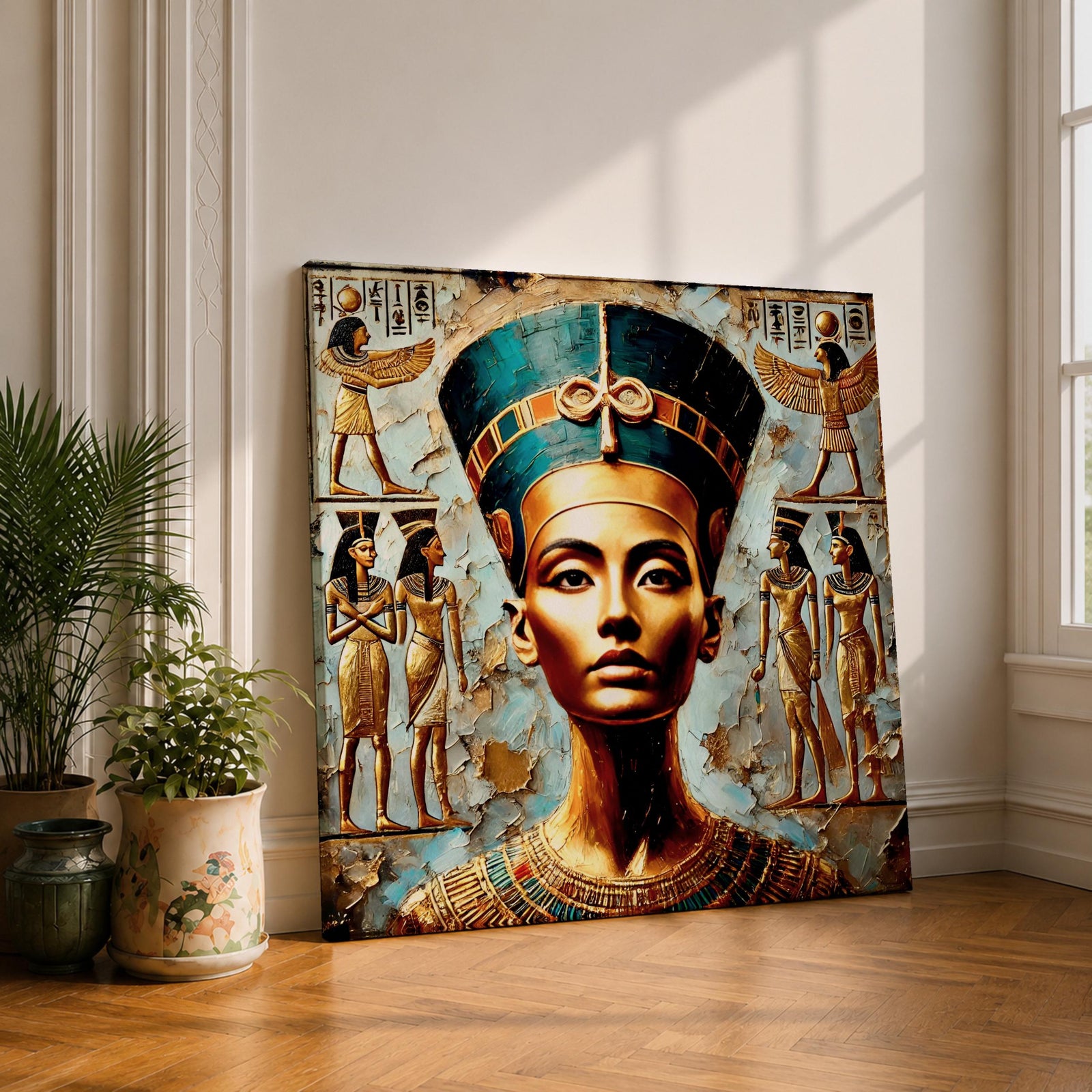 Queen Nefertiti Wall Art Amarna Royalty Framed Canvas Ancient Egypt Hieroglyphic Cultural Decor