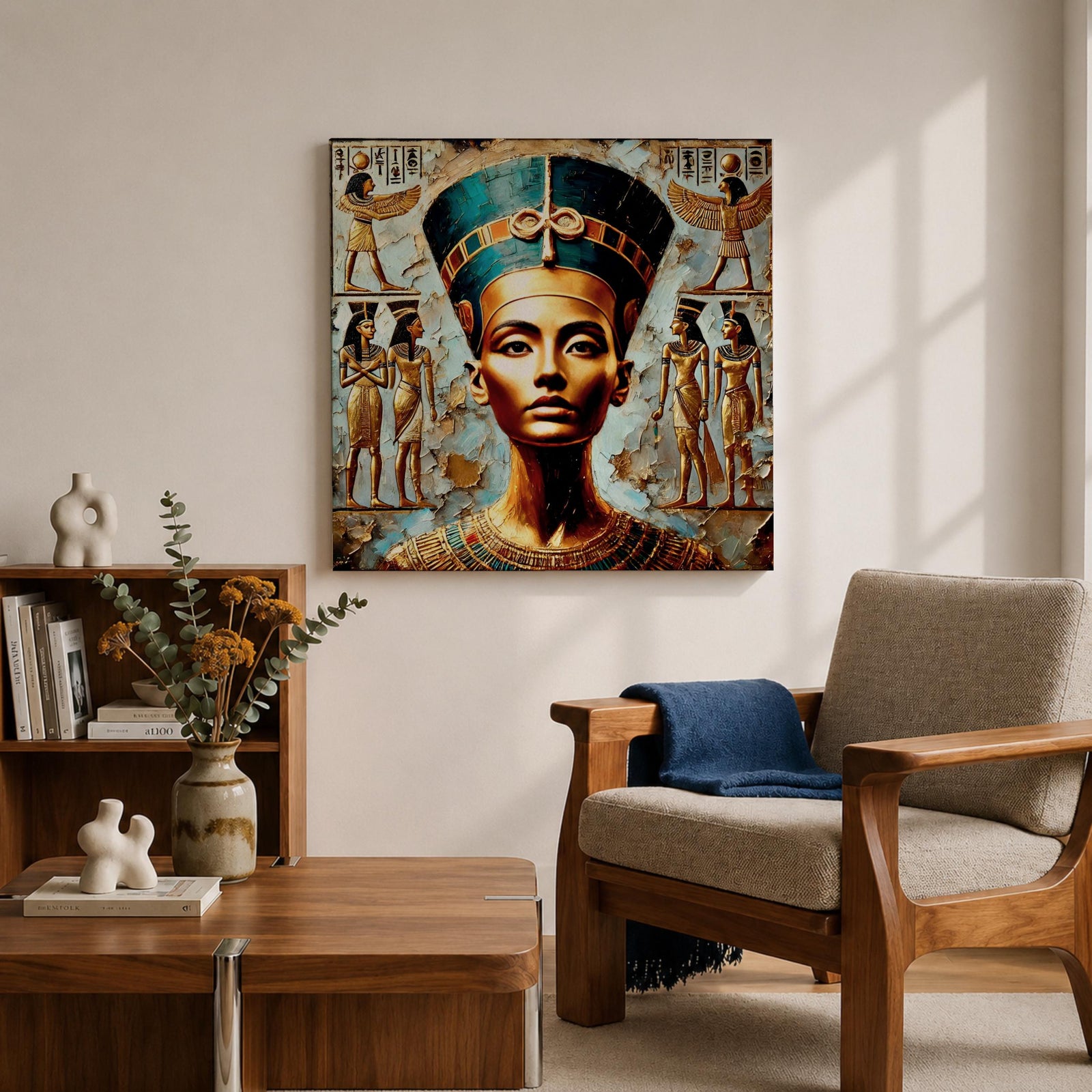Queen Nefertiti Wall Art Amarna Royalty Framed Canvas Ancient Egypt Hieroglyphic Cultural Decor