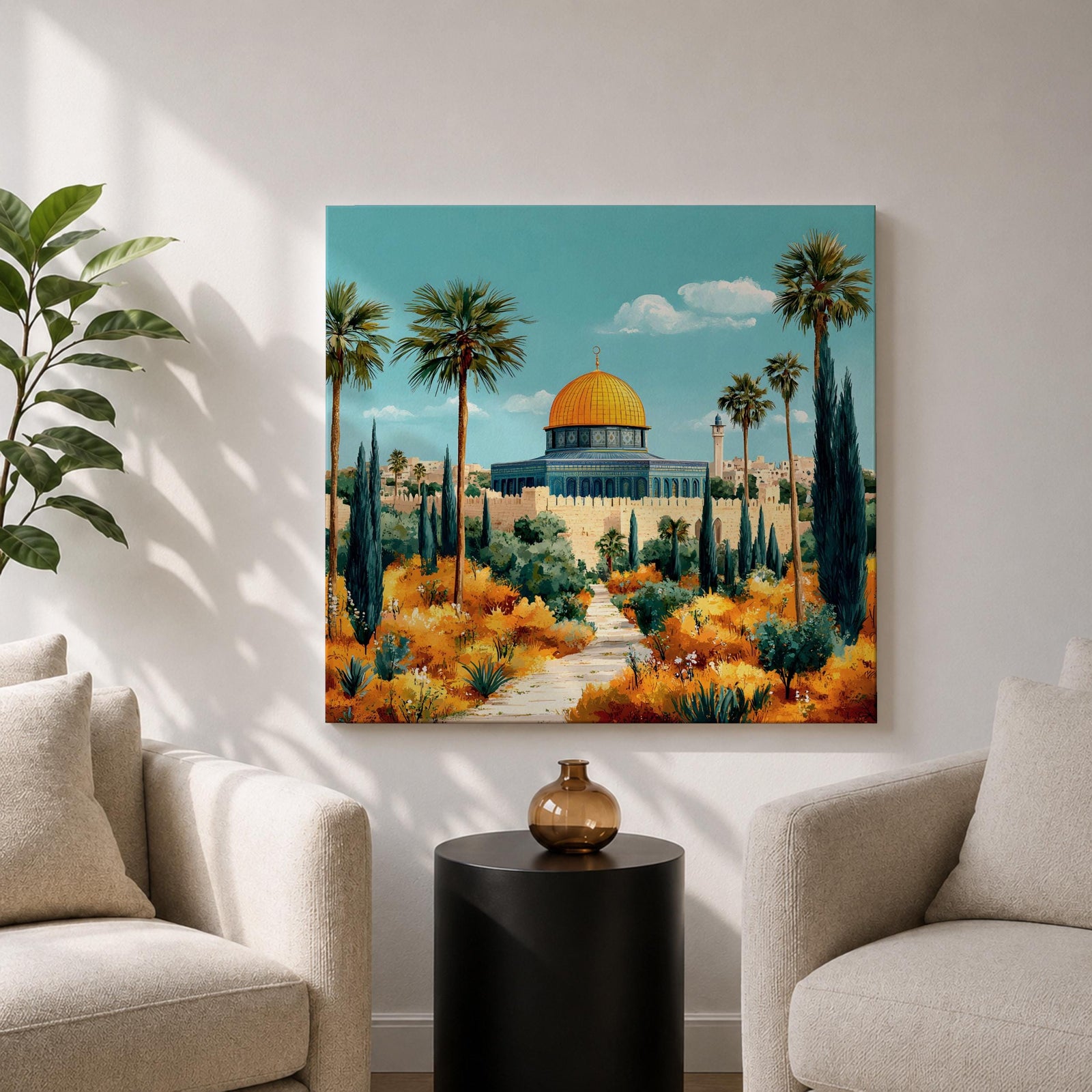 Dome of the Rock Wall Art Garden View Framed Canvas Jerusalem Mosque Islamic Decor
