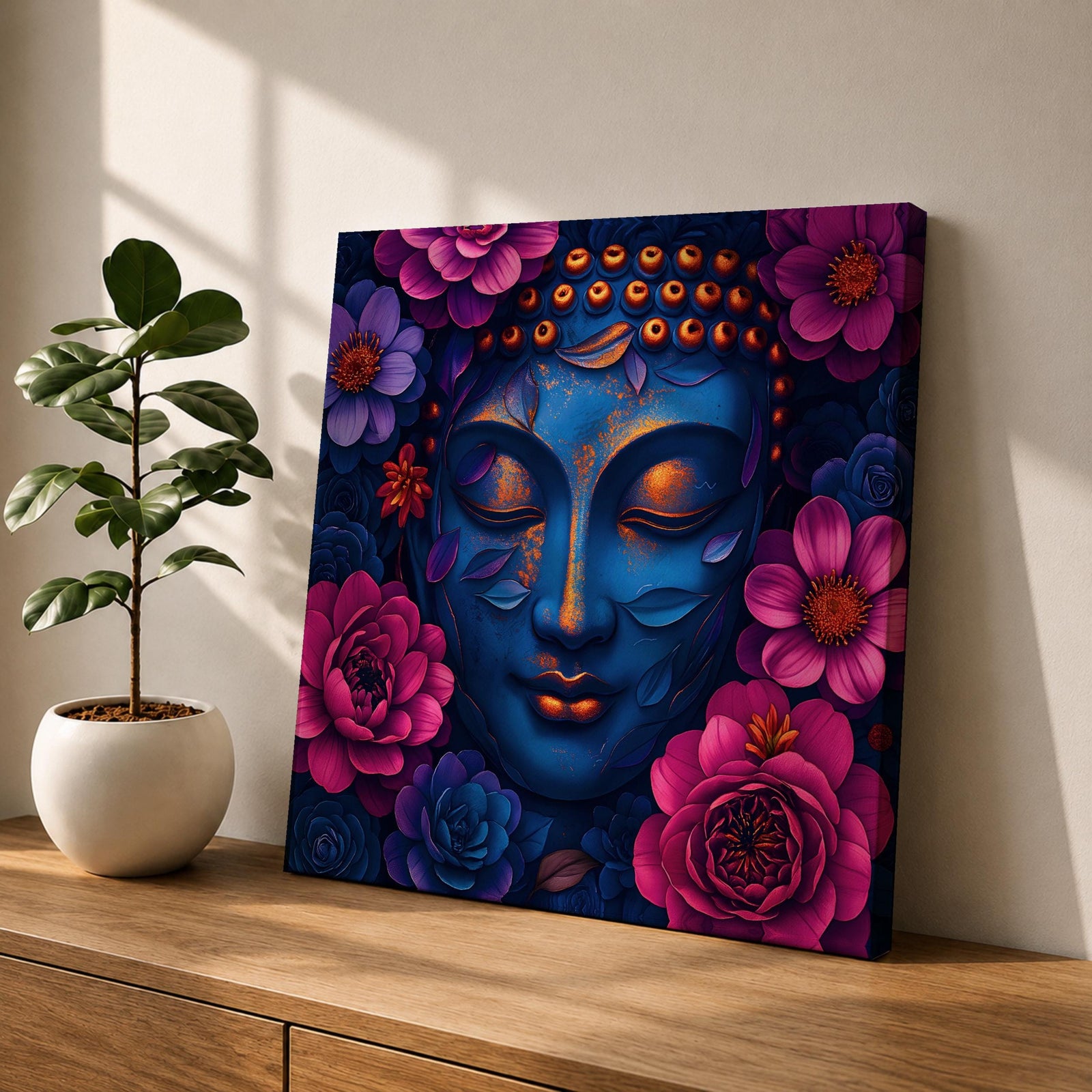 Buddha Wall Art Zen Meditation Framed Canvas Floral Buddhist Spiritual Mindful Decor