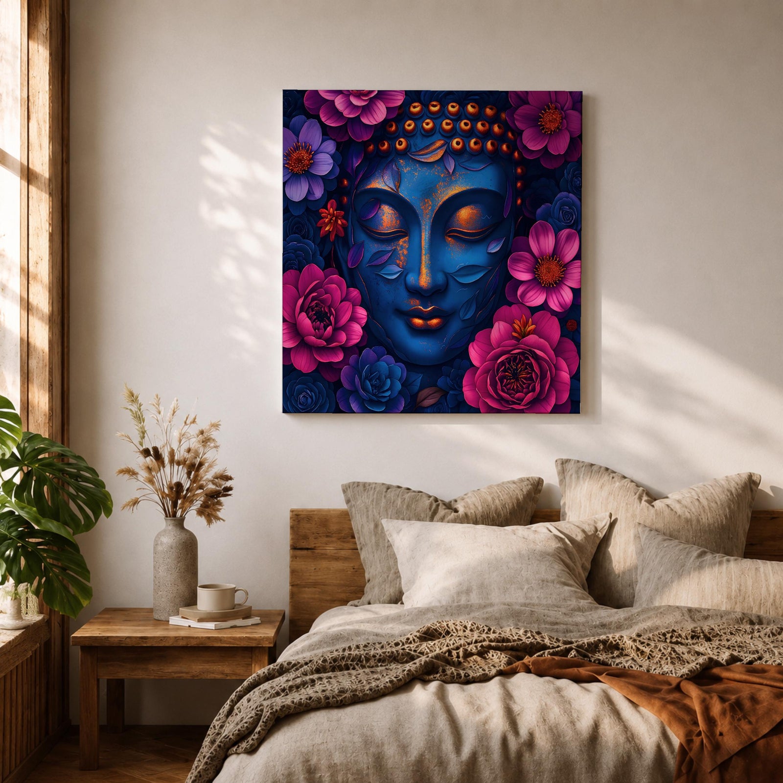Buddha Wall Art Zen Meditation Framed Canvas Floral Buddhist Spiritual Mindful Decor
