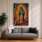 Colorful devotional painting inspired by Our Lady of Guadalupe showing the Virgin Mary standing in prayer with hands folded, wearing a blue mantle and surrounded by a radiant golden halo and vibrant blooming roses forming a rich floral Catholic composition.