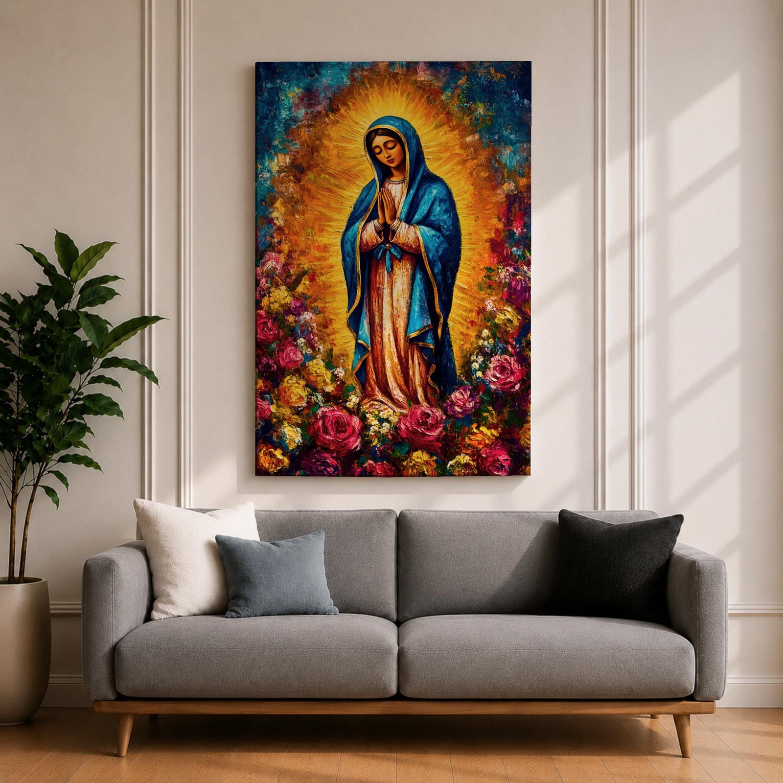 Colorful devotional painting inspired by Our Lady of Guadalupe showing the Virgin Mary standing in prayer with hands folded, wearing a blue mantle and surrounded by a radiant golden halo and vibrant blooming roses forming a rich floral Catholic composition.