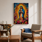 Colorful devotional painting inspired by Our Lady of Guadalupe showing the Virgin Mary standing in prayer with hands folded, wearing a blue mantle and surrounded by a radiant golden halo and vibrant blooming roses forming a rich floral Catholic composition.