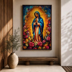 Colorful devotional painting inspired by Our Lady of Guadalupe showing the Virgin Mary standing in prayer with hands folded, wearing a blue mantle and surrounded by a radiant golden halo and vibrant blooming roses forming a rich floral Catholic composition.
