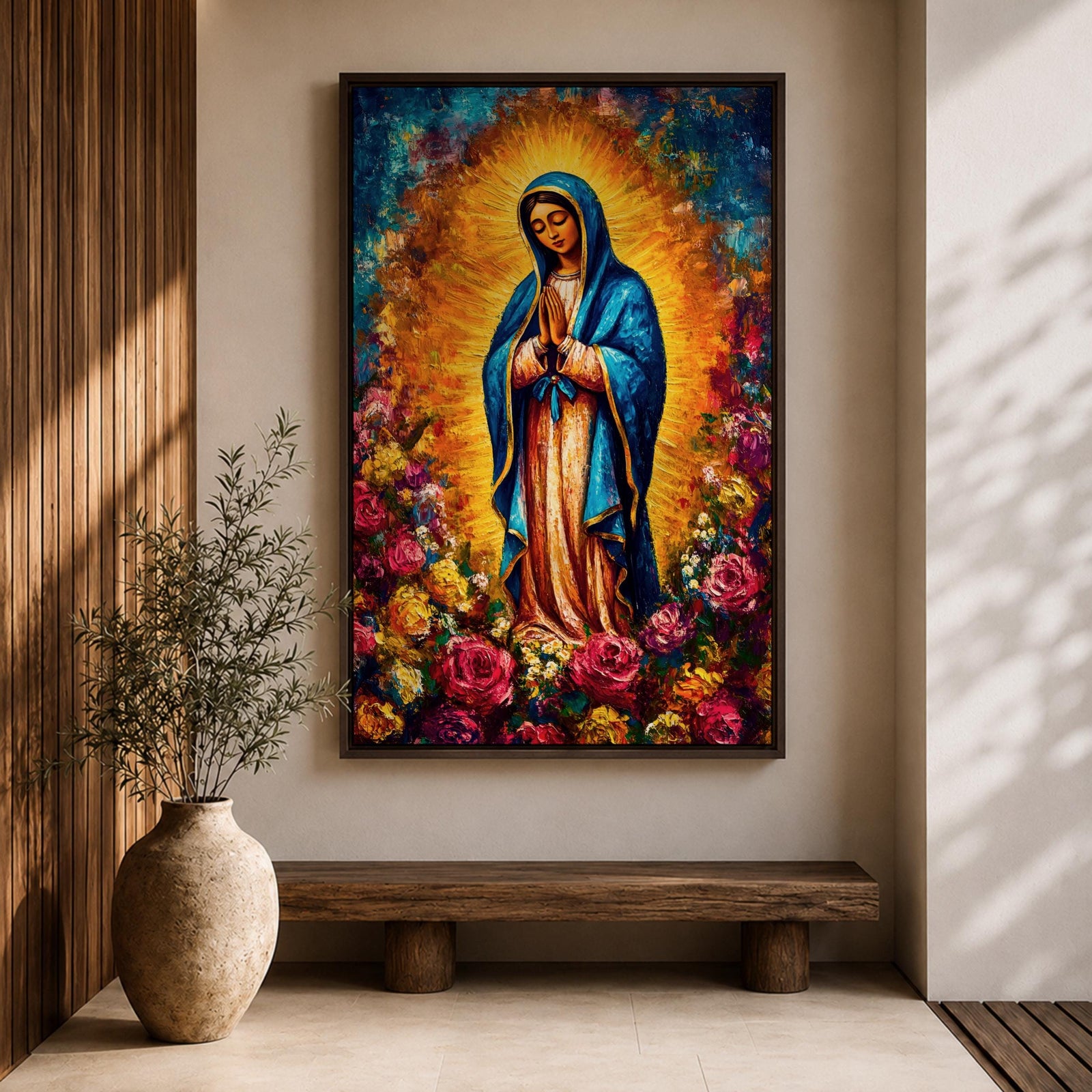 Colorful devotional painting inspired by Our Lady of Guadalupe showing the Virgin Mary standing in prayer with hands folded, wearing a blue mantle and surrounded by a radiant golden halo and vibrant blooming roses forming a rich floral Catholic composition.