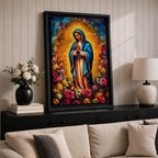 Colorful devotional painting inspired by Our Lady of Guadalupe showing the Virgin Mary standing in prayer with hands folded, wearing a blue mantle and surrounded by a radiant golden halo and vibrant blooming roses forming a rich floral Catholic composition.