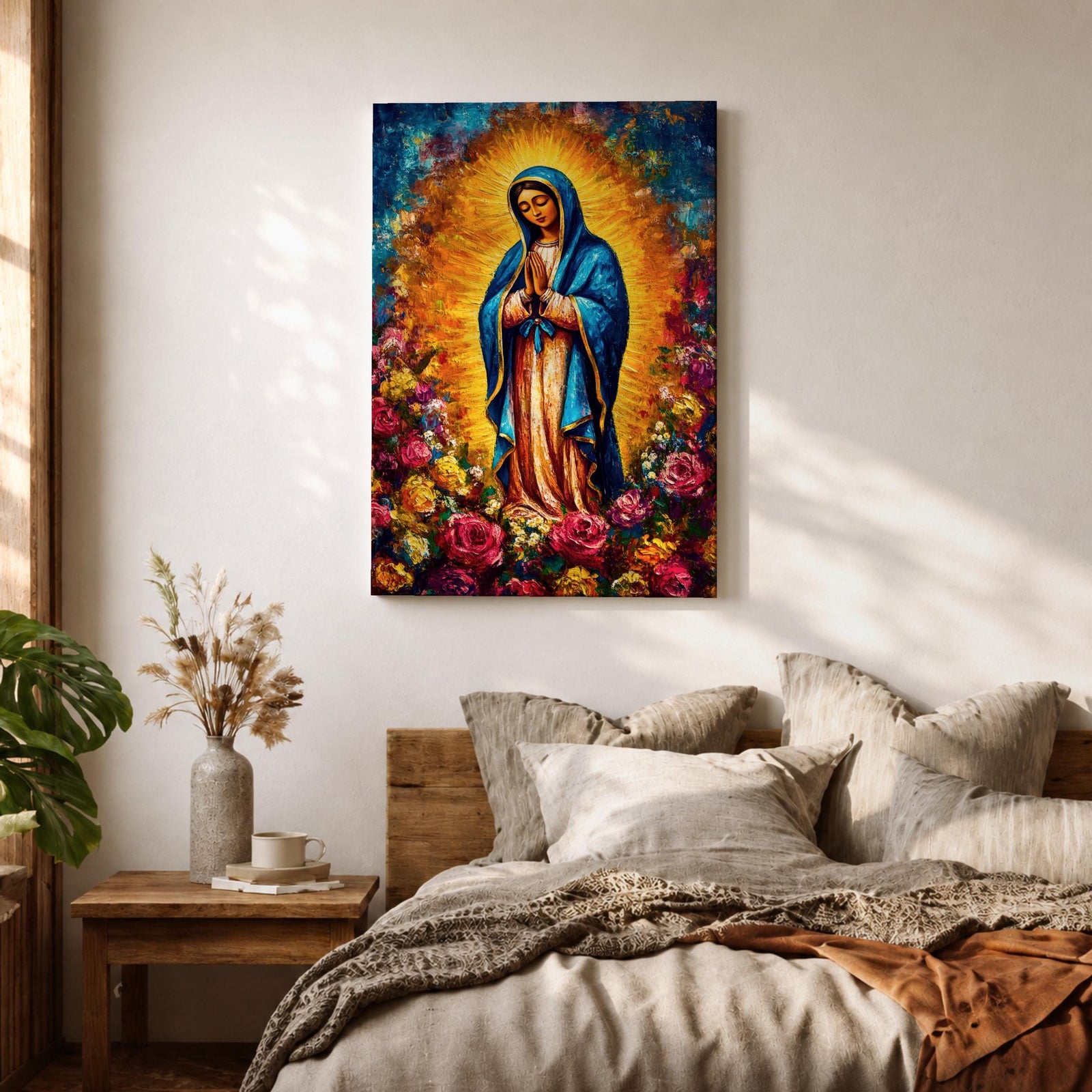 Colorful devotional painting inspired by Our Lady of Guadalupe showing the Virgin Mary standing in prayer with hands folded, wearing a blue mantle and surrounded by a radiant golden halo and vibrant blooming roses forming a rich floral Catholic composition.