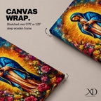Colorful devotional painting inspired by Our Lady of Guadalupe showing the Virgin Mary standing in prayer with hands folded, wearing a blue mantle and surrounded by a radiant golden halo and vibrant blooming roses forming a rich floral Catholic composition.