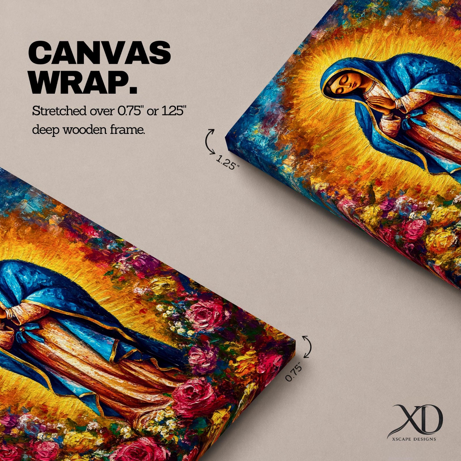 Colorful devotional painting inspired by Our Lady of Guadalupe showing the Virgin Mary standing in prayer with hands folded, wearing a blue mantle and surrounded by a radiant golden halo and vibrant blooming roses forming a rich floral Catholic composition.