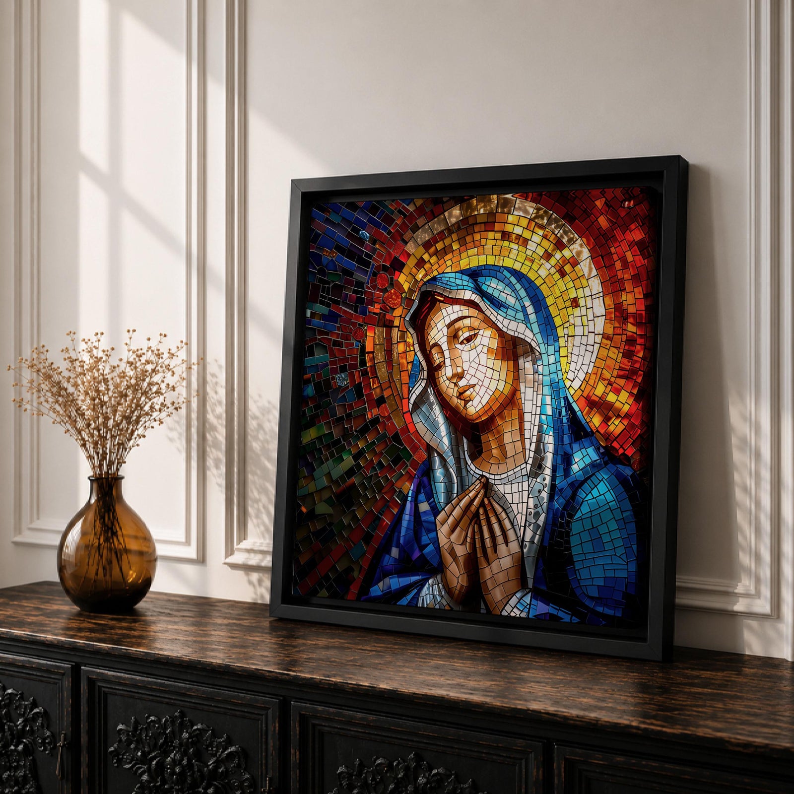 Virgin Mary Wall Art Madonna Framed Canvas Catholic Prayer Mosaic Christian Home Decor