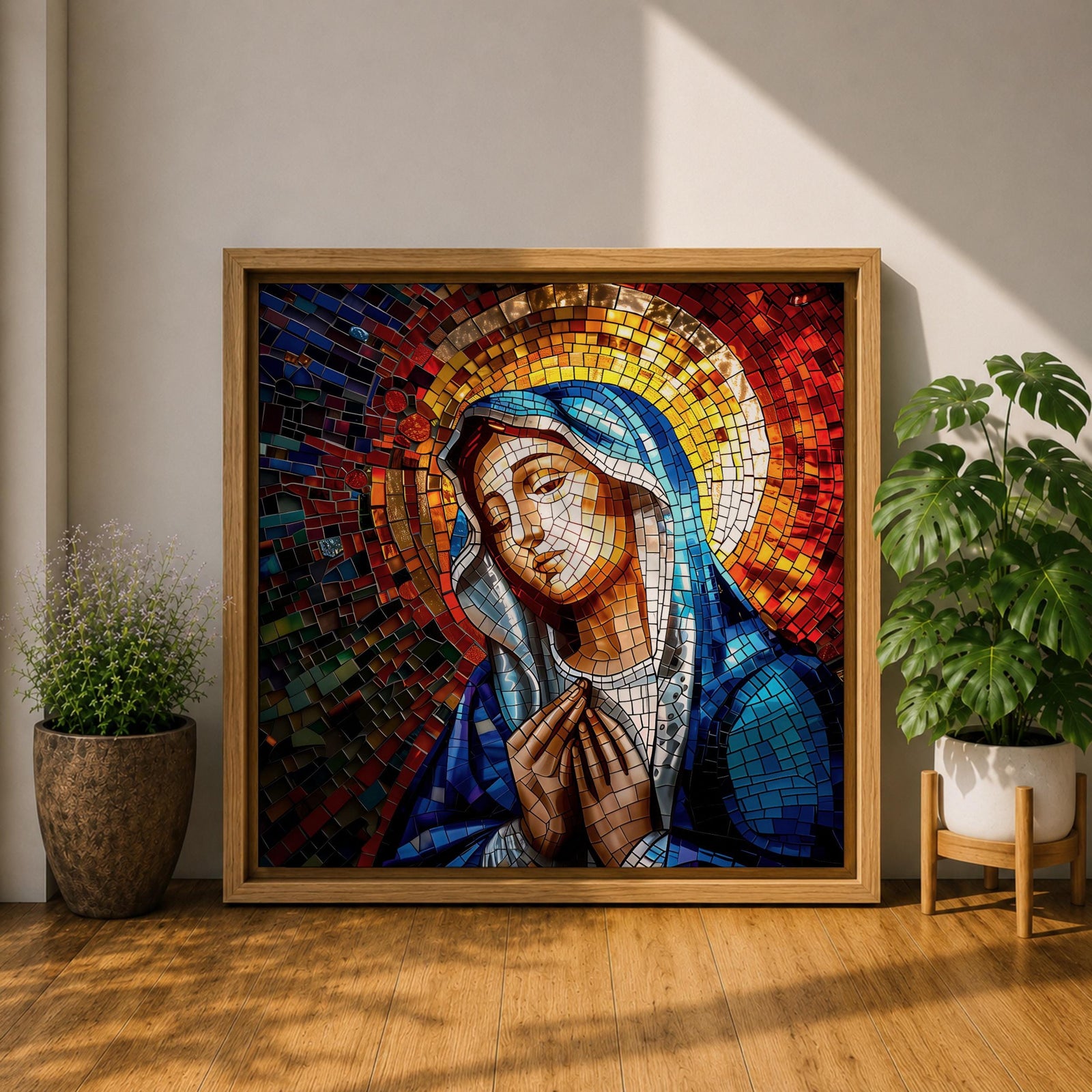 Virgin Mary Wall Art Madonna Framed Canvas Catholic Prayer Mosaic Christian Home Decor