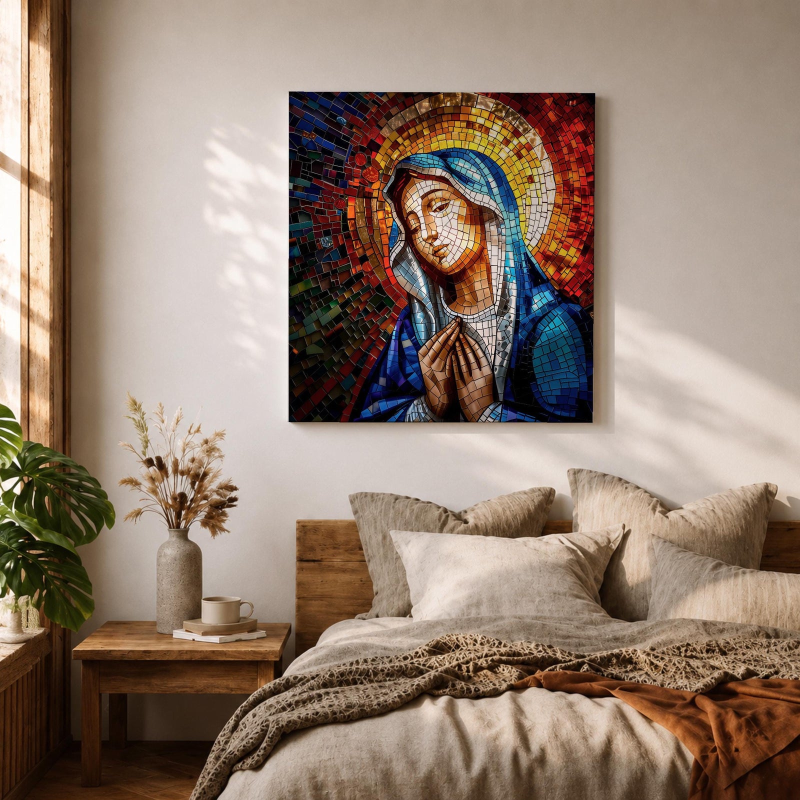 Virgin Mary Wall Art Madonna Framed Canvas Catholic Prayer Mosaic Christian Home Decor