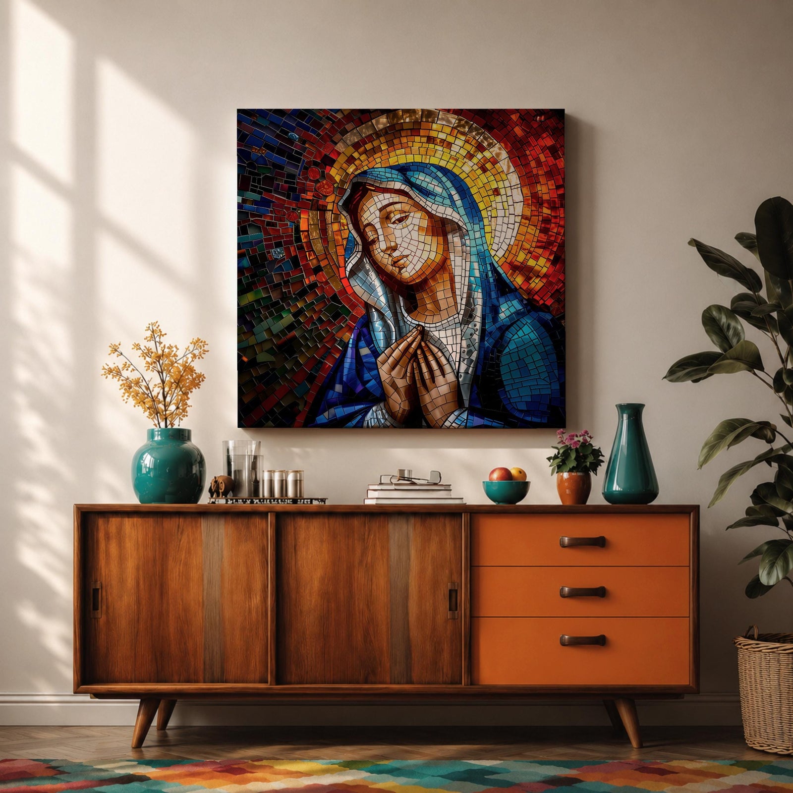 Virgin Mary Wall Art Madonna Framed Canvas Catholic Prayer Mosaic Christian Home Decor