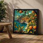 Mediterranean Orange Grove Wall Art Coastal Citrus Framed Canvas Seaside Landscape Living Room Decor