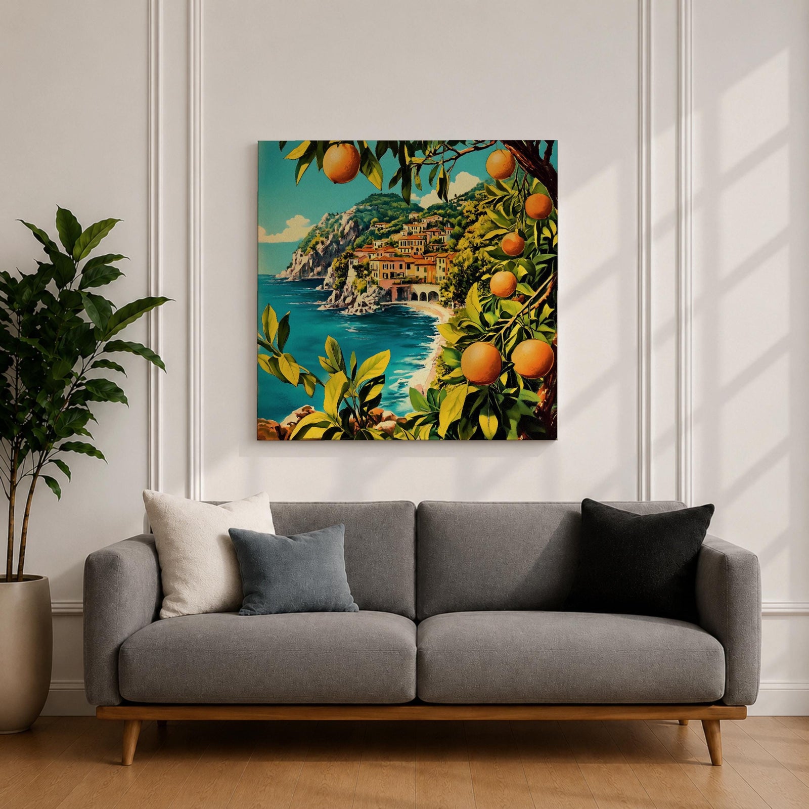 Mediterranean Orange Grove Wall Art Coastal Citrus Framed Canvas Seaside Landscape Living Room Decor