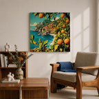 Mediterranean Orange Grove Wall Art Coastal Citrus Framed Canvas Seaside Landscape Living Room Decor