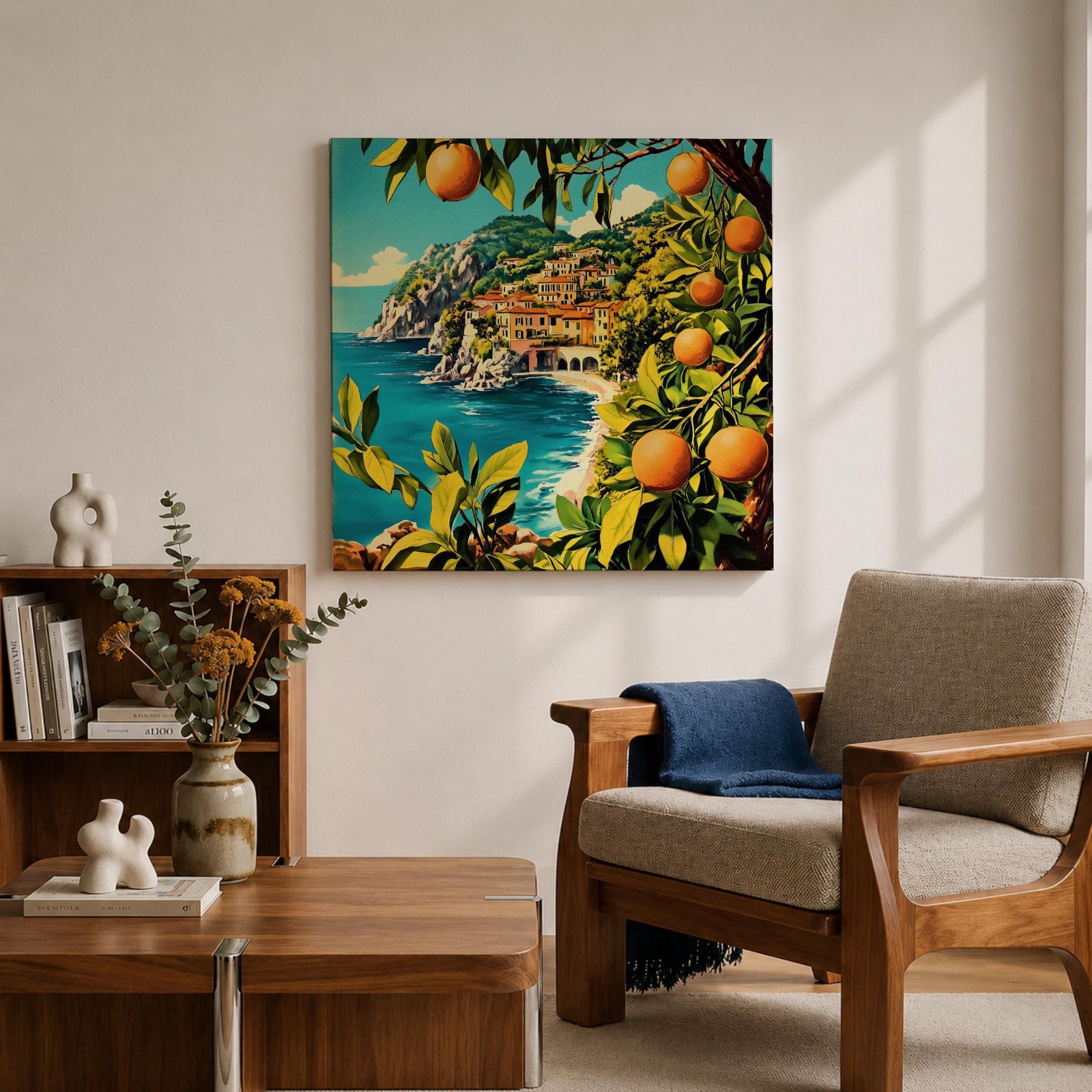 Mediterranean Orange Grove Wall Art Coastal Citrus Framed Canvas Seaside Landscape Living Room Decor
