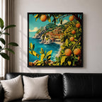 Mediterranean Orange Grove Wall Art Coastal Citrus Framed Canvas Seaside Landscape Living Room Decor