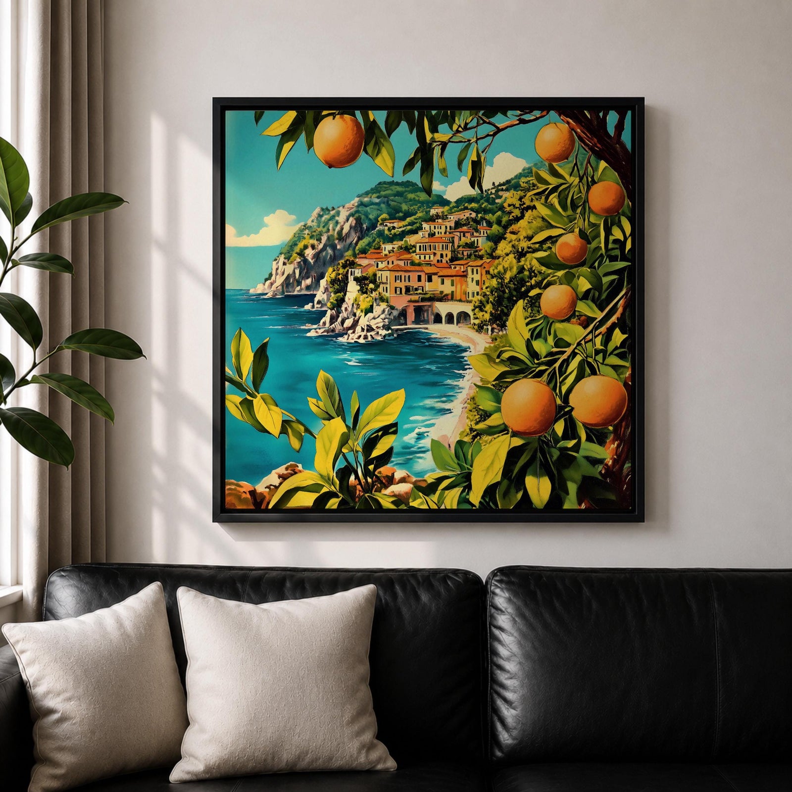 Mediterranean Orange Grove Wall Art Coastal Citrus Framed Canvas Seaside Landscape Living Room Decor
