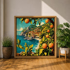 Mediterranean Orange Grove Wall Art Coastal Citrus Framed Canvas Seaside Landscape Living Room Decor