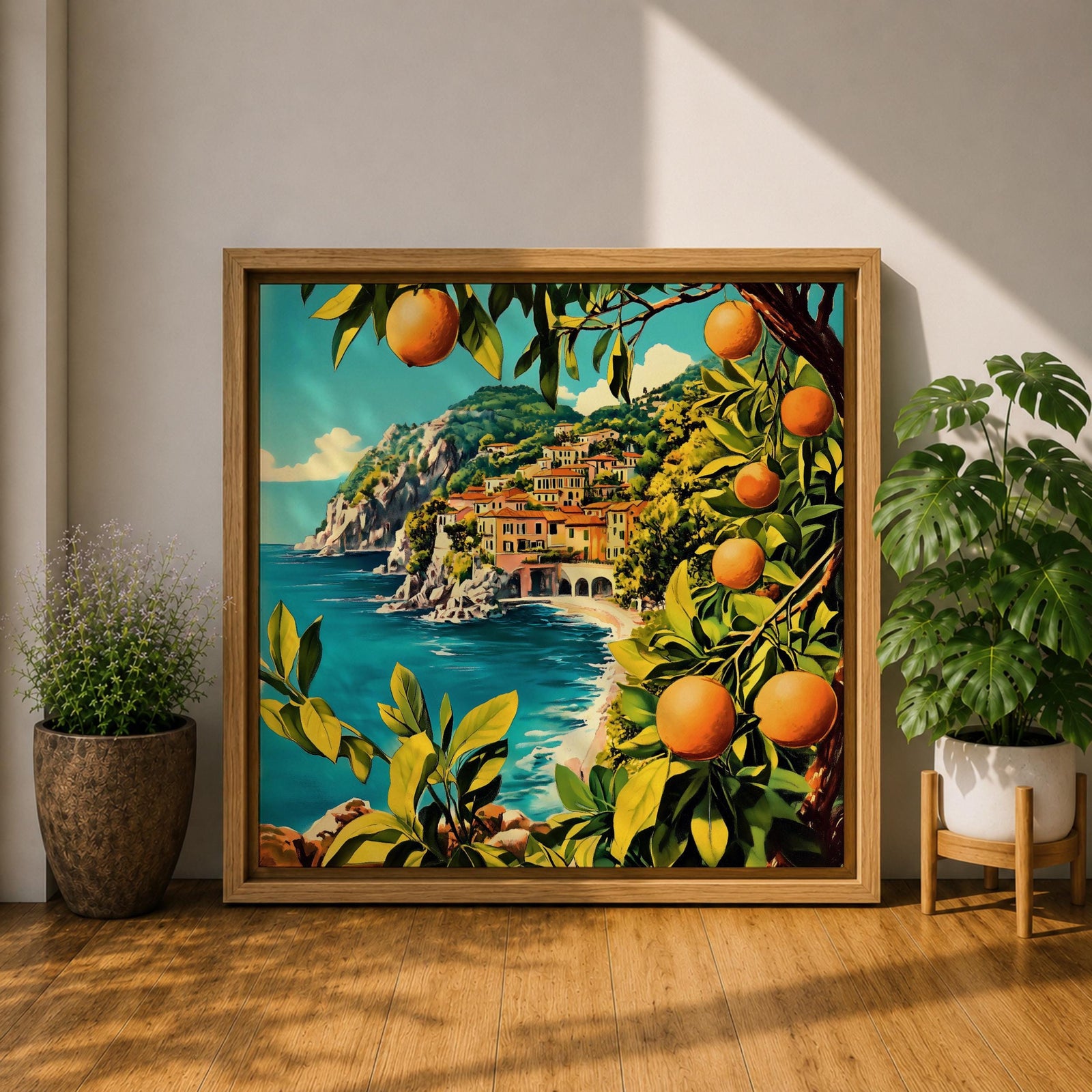 Mediterranean Orange Grove Wall Art Coastal Citrus Framed Canvas Seaside Landscape Living Room Decor
